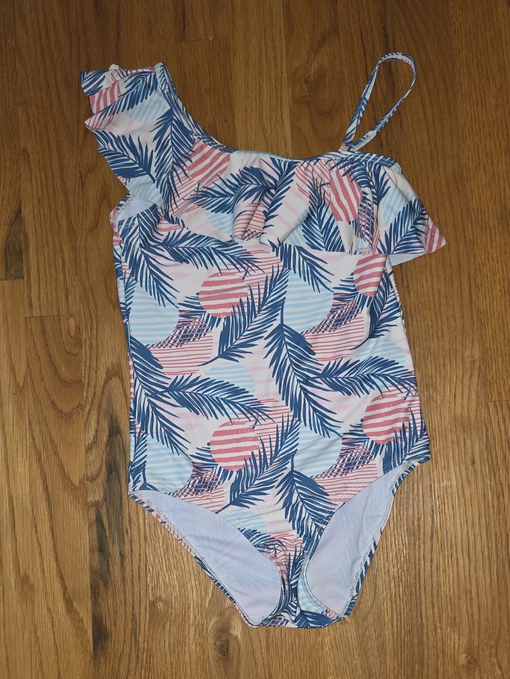 Girls One-Shoulder Tropical Print Swimsuit - Blue & Pink